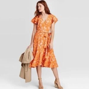 A New Day Orange Floral Print Flutter Sleeve Wrap Dress
